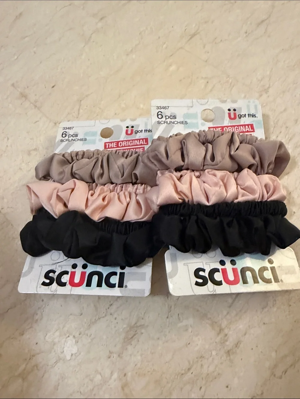 scunci Satin Scrunchie 6-Pack in Black, Blush, Taupe set of two